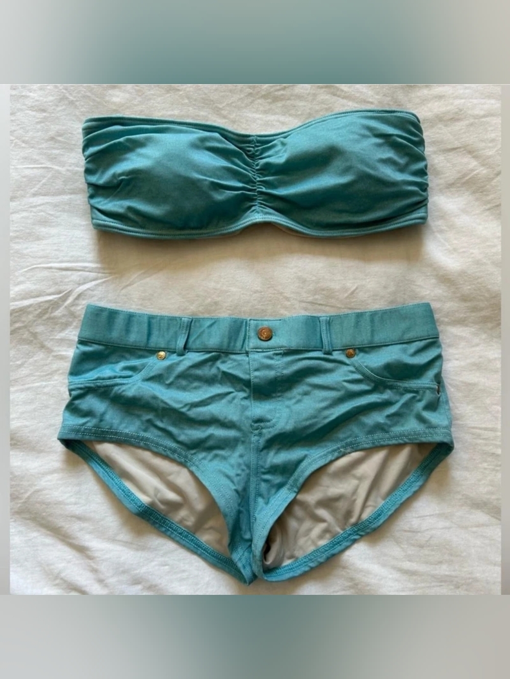 Teal Bandeau Bikini Top + High-Waist Shorts Set
